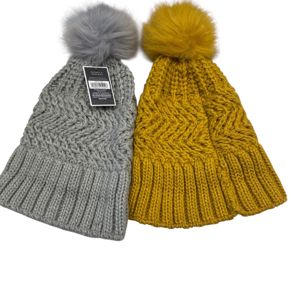 NWT West Loop Bundle of Two Women's Pom Hat Knit Cap beanie gray and yellow gold
